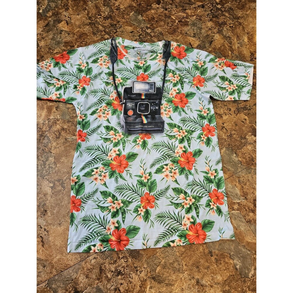 POLAROID Land Camera Hawaiian T-Shirt Sz Sm Hibiscus Floral‎ shirt top (B8)